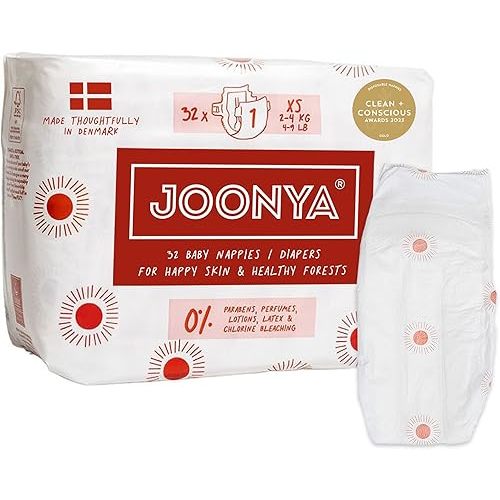 Joonya Baby Diapers, Size 1 XS (4-9 lb) - 1 Bag of 32 - New Range - NonToxic, Eco-Friendly, Ultra Slim, Overnight Use - Made in Denmark