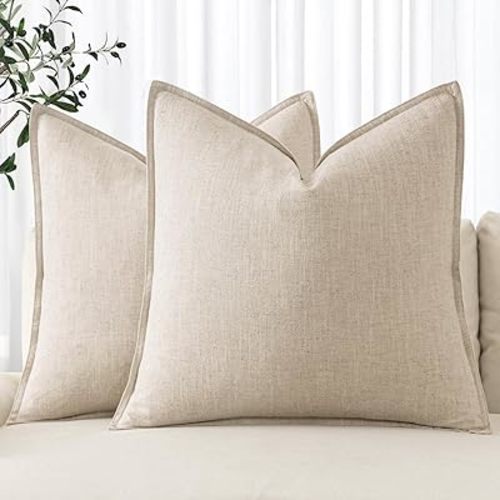 MIULEE Decorative Linen Pillow Covers 24x24 Inch Natural Beige Boho Farmhouse Neutral Couch Throw Pillows for Bed Pack of 2 Accent Pillowcase Spring Modern Sofa Cushion Livingroom Home Decor