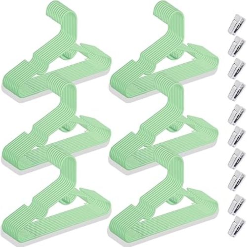 60 Packs Baby Hangers for Closet Plastic Baby Clothes Hangers with Clips for Nursery Kids Hangers for Closet Organizer, Stack-able Hangers for Newborn, Infant, Toddler, Children, Space-Saving, Green