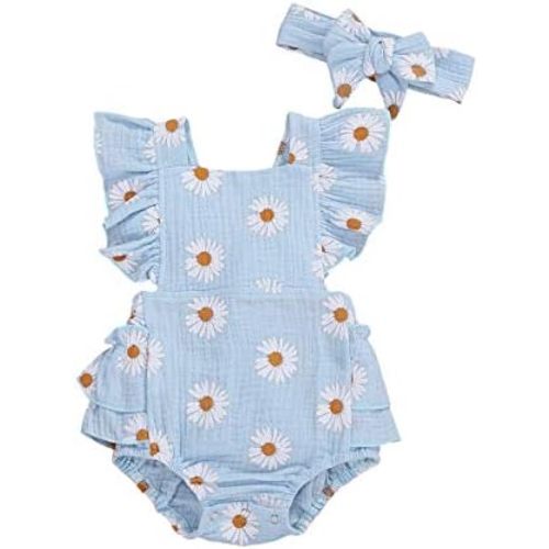 Infant Baby Girl Summer Outfit Clothes Sleeveless Smocked Cotton Linen Romper with Headband