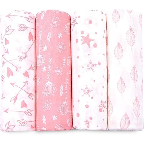 Bublo Baby Muslin Swaddle Blankets, Swaddle Blanket for Baby Boys and Girls, 4-Pack Breathable Premium 100% Cotton Baby Receiving Blankets, Exta Large Size 47x47 Inches, Pink