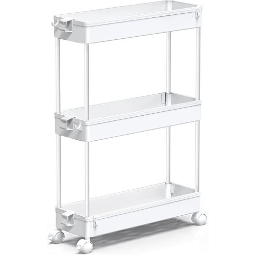 SPACEKEEPER Slim Rolling Storage Cart, 3 Tier Bathroom Storage Organizer Laundry Room Utility Cart Mobile Shelving Unit, Multi-Purpose for Kitchen Office Bathroom Laundry Narrow Places, White