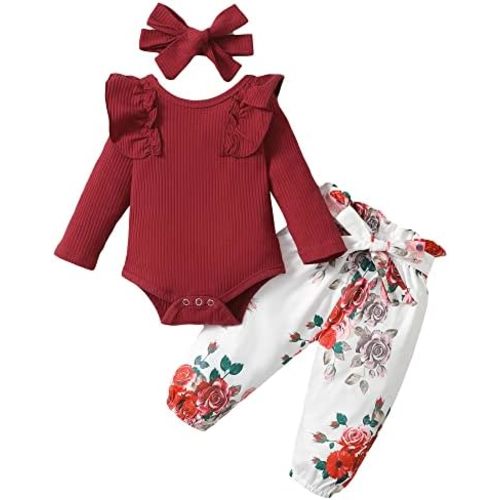 Baby Girl Clothes Infant Girl Ruffle Ribbed Romper Floral Pants Set Cute Newborn Girl Clothes