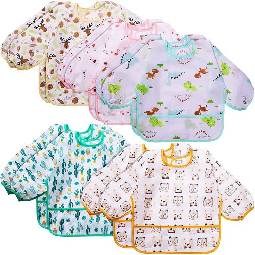Tarpop 10 Pack Long Sleeve Bibs for Babies Shirt Bib Waterproof Sleeved Bibs for Babies Eating Feeding Soft Toddler Bibs
