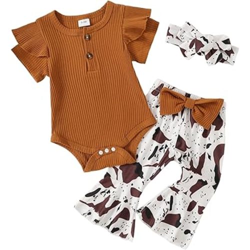 Yvowming Newborn Baby Girl Clothes Infant Baby Ruffle Romper +Pants + Headband 3 PCS Outfits Set