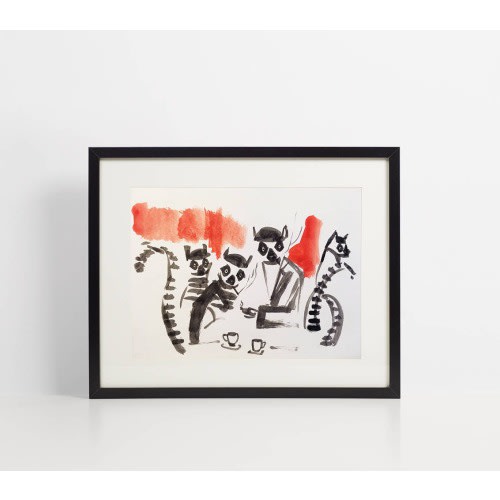 Lemur Art Print - Mod Hipster Lemurs in 1960s Inspired Cafe - Illustrated Lemur Print, Animal Poster, Artsy Cafe Scene, Social Animal Art