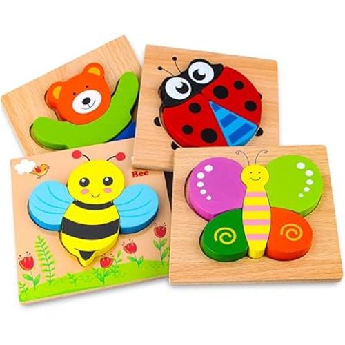 SKYFIELD Wooden Animal Puzzles for Toddlers 1 2 3 Years Old, Boys & Girls Educational Toys Gift with 4 Animal Patterns, Bright Vibrant Color Shapes, Customize Gift Box Ready