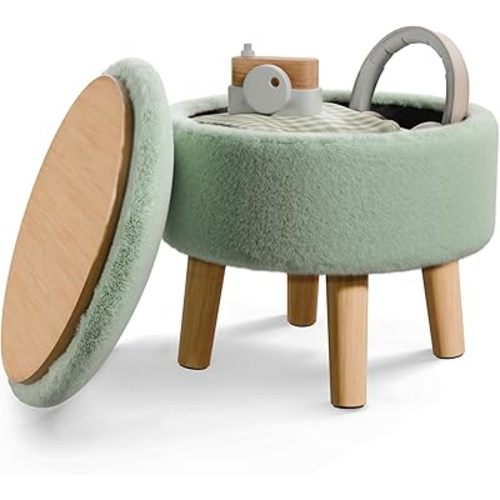 Poofzy Ottoman with Storage, Faux Fur Storage Ottoman, Small Foot Stool Ottoman with Wood Legs, Small Ottoman Foot Rest for Couch, Living Room and Bedroom - Light Green