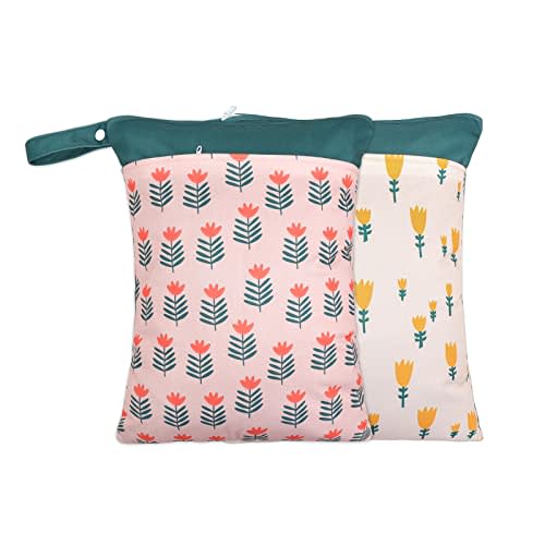 2 Pack Wet Dry Bags for Baby Cloth Diapers&Breast Pump Parts, Waterproof Reusable Wet Bag with Two Zippered Pockets & Handle, Beach Pool Gym Bag Stroller Yoga Toiletries Daycare Organizer for Swimsuit Wet Clothes, 11.8 inch x 15.7inch