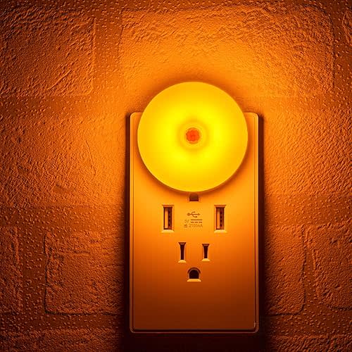 Amber LED Motion Sensor Night Lights, Movement Detection Nightlight Plug in, Energy Efficient, Slim, Round Diffused Amber Light, Night Light for Bathroom, Bedroom, Kitchen, Hallway, Stairway, 2 Pack