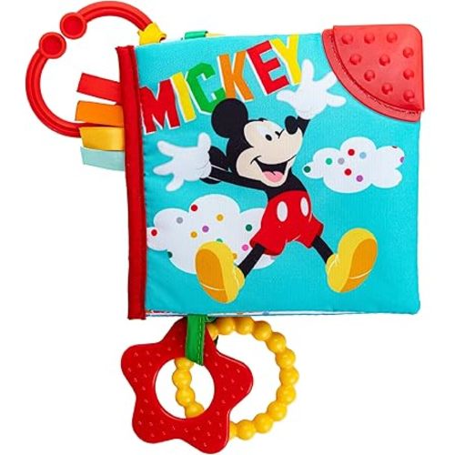 Kids Preferred Disney Baby Mickey Mouse Colorful Crinkle Soft Book with Teething Corner and On-The-Go Clip for Babies