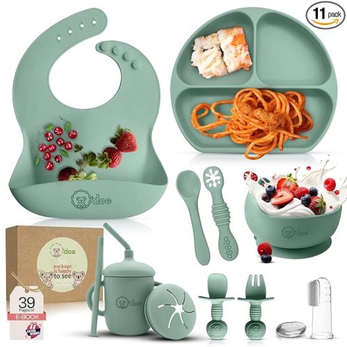 O'doe 11-Piece BPA-Free Silicone Baby Feeding Set | Thick & Soft Suction Plates, Baby Bowls, Wooden Fork & Spoon, and More | Make Mealtime Fun and Easy for Your Little One (Green, V1)