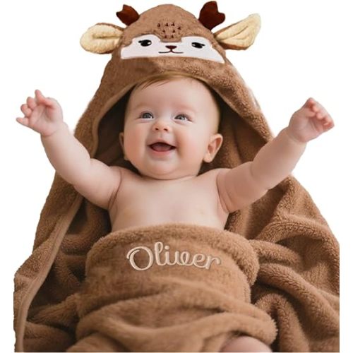Personalized Embroidered Hooded Baby Towel, Customized Flannel Animals Shape Plush Blanket, Super Soft Warm Crib Stroller Towls, Newborn Boys Girls Nursery Swaddle Gifts for Birthday Baby Shower