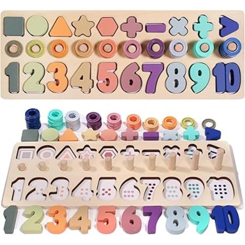 Montessori Toys for Toddlers Number Shapes Counting Board Boys and Girls Math Stacking Building Blocks Wooden Toys Preschool Learning Activates for 1 2 3 4 5Year Old Boys Gifts and Up