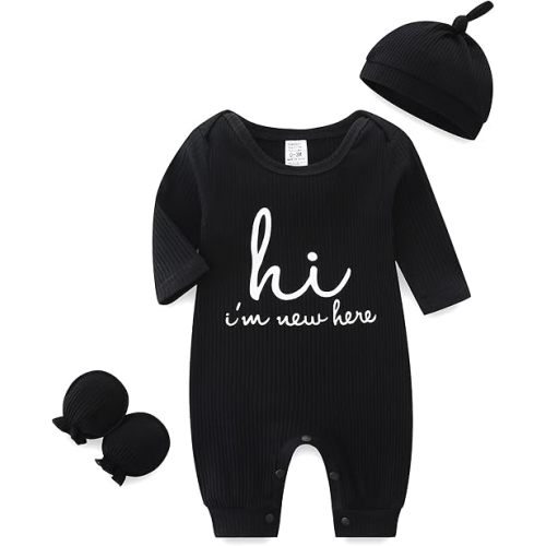 Unisex Newborn Baby Onesie Ribbed Romper Infant Long Sleeve Jumpsuit Hat and Gloves