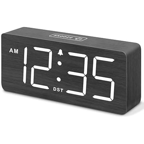 DreamSky Wooden Digital Alarm Clock for Bedroom - Desk Clocks for Living Room with Large Numbers, Dimmer, USB Port, Loud Alarm for Heavy Sleepers with Volume Control, DST, Wood Decor