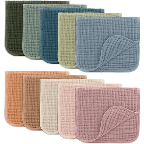 Comfy Cubs Muslin Burp Cloths 20" x 10", Pack of 10 - Large, 6-Layer, Ultra Absorbent 100% Cotton for Baby Drool and Messes - Soft, Safe & Gentle Baby Burp Cloths for Boys & Girls - Multi