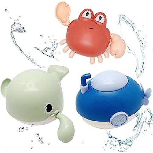Baby & Toddler Bath Wind-up Swimming Toys to Make Joyful Bath Time for Your Children (Blue Submarine, Light Green Whale, Red Crab, 3-Packs)
