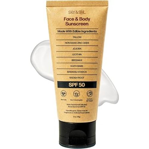 Non-Toxic Natural Mineral Sunscreen SPF 50 | Safest Organic Natural Tallow & Zinc Oxide Sunblock | Reef Safe, Clean Non-Greasy Formula for Face and Body | Women and Men. 3 oz (85 g)