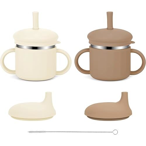 Upgrade Stainless Steel Baby Sippy Cups, 7.4 Oz Spill Proof Toddler Straw Cups, 3 Stages Training Cup for Toddlers 1-3 Year, Kid Cups with Silicone Sheel and Straws (Beige+Brown)