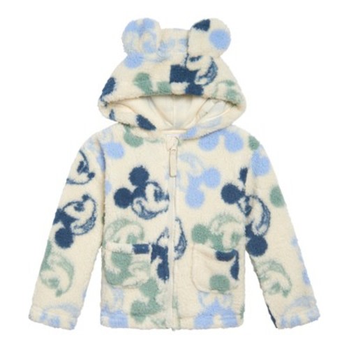 Disney Mickey Mouse Newborn Baby Boys Cozy Faux Sherling Zip Up Cosplay Hoodie Cream White 3-6 Months