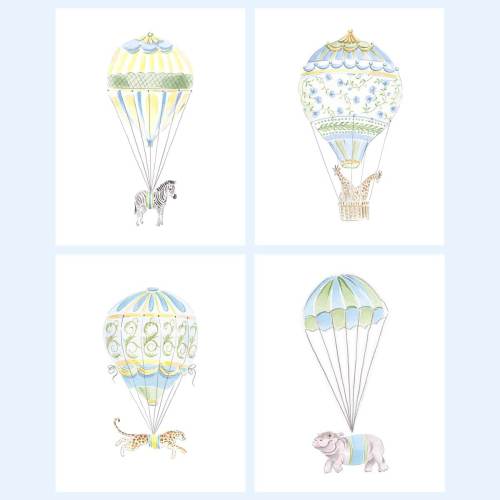 Art Prints Giraffe,Leopard and Zebra in Hot Air Balloons // Nursery Decor //Baby Boy // Watercolor // Grand millennial // Preppy
