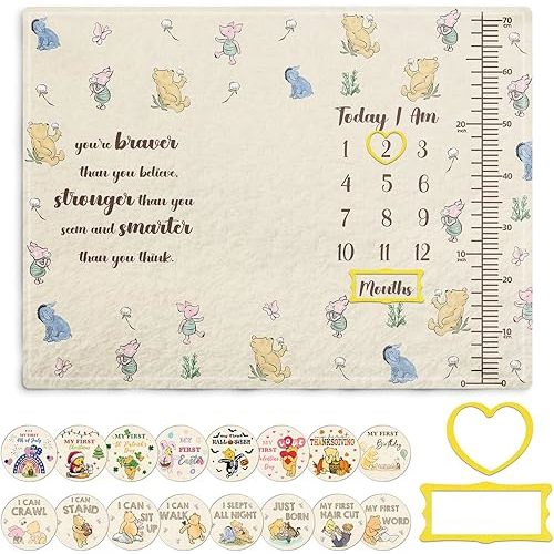 Winnie Baby Milestone Blanket, Pooh Blanket Growth Chart for New Parents, Winnie Photo Calendar Monthly Growth Chart, with Double-Sided Printed Cardstock（16 Unforgettable Moments of Babies） 30 * 40in