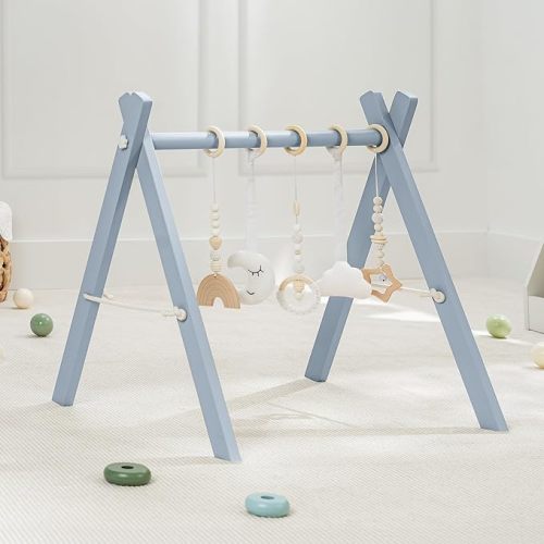 Comfy Cubs Wooden Baby Play Gym - Natural Finish Pinewood Baby Activity Gym with 5 Sensory Hanging Toys - Easy No-Tool Assembly, Safe and Durable for Infant Motor and Visual Development - Pacific Blue