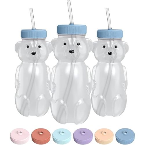 Honey Bear Straw Cup for Babies, 8-oz Honey Bear Cup with Lid, 3-Pack Therapy Learning Honeybear Straw Cup, Baby Honey Bear Bottle Set, Blueberry Pie BLUE