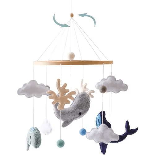 Montessori Baby Mobile for Crib | Ocean Animals Crib Mobile | Woodland Nursery Decor Soothe Toys for Ceiling Hanging | Felt Ball Sea Blue Whale, White Clouds | Baby Shower for Boys Girls Gifts