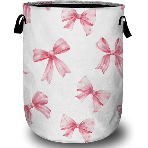 Pink Bow Laundry Basket, Laundry Hamper Collapsible Oxford Cloth with Handle Clothes Toy Storage Bin for Bathroom Laundry Room Bedroom 15.7 X 20 Inch