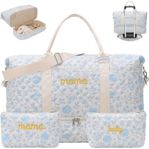 Mama Maternity Hospital Bag Essentials for Women Labor Delivery Baby Diaper Organizer with Shoe Compartment,2 Toiletry Pouch Travel Floral Duffle Bag for Pregnancy Mommy Weekender Overnight Gifts,Blue