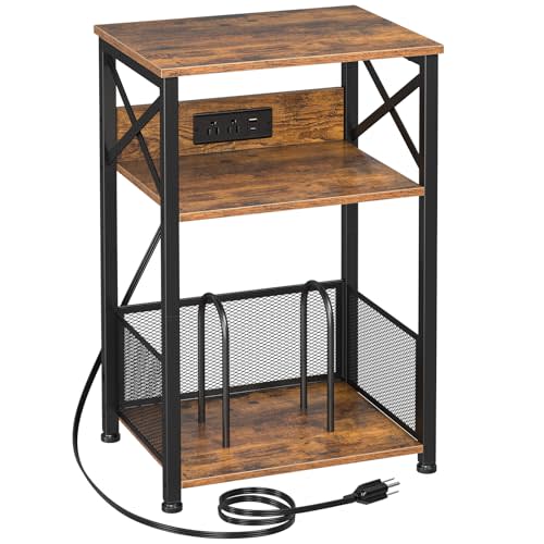 AMHANCIBLE Record Player Stand with Charging Station, Turntable Stand with Storage Cabinet, 3 Tier End Table Hold Up to 100 Albums, Record Table for Vinyl, Living Room, Rustic Brown, HETCD01BR-1
