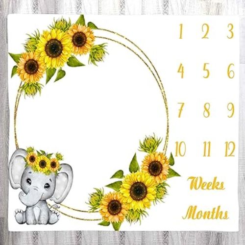 Sunflower Baby Age Blanket, Cartoon Elephant White Baby Growth Chart Memory Blanket, 48x40 Inch Newborn Swaddling Blanket Monthly Baby Milestone Blanket BTLSLY271