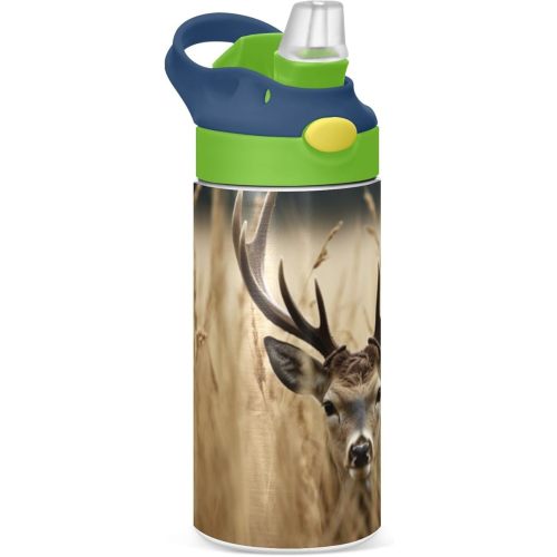 Deer Water Bottle for Kids, 12 oz Leakproof Double Walled Insulated Stainless Steel Water Bottle Travel Tumbler with Straw Lid for Girls Boys Toddlers