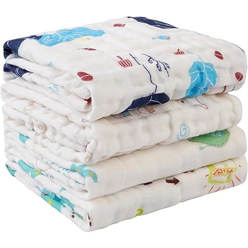 lasoftan Baby Muslin Burp Cloths, 100% Cotton Burping Cloths Super Absorbent Soft, Bath Towel Burp Cloths for Baby Girl Boy, Great Gift for Newborn, 10 x 20 inch, 4 Pack, Fox & Whale