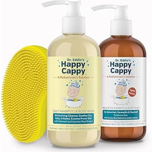 Happy Cappy Medicated and Daily Shampoo and Beanie Brush Bundle - Baby Dandruff Shampoo, Cradle Cap Brush for Kids, Toddlers, Helps Cradle Cap and Seborrheic Dermatitis, Fragrance-Free - 3 Pieces