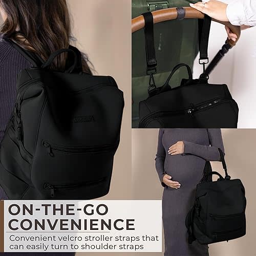 Neoprene Diaper Bag, Minimalist Backpack Diaper Bag with Pouch, Changing Pad, and Stroller Straps, Water Resistant and Lightweight Dad Diaper Bag, Diaper Bag Backpack, Black