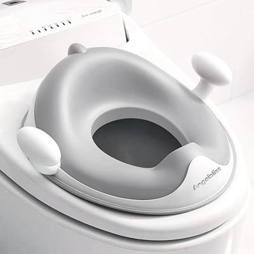 ANGELBLISS Baby Potty Training Toilet Seat with Soft Cushion Handles, Haute Collection, Double Anti-Slip Design and Splash Guard for Boys and Girls (Grey)