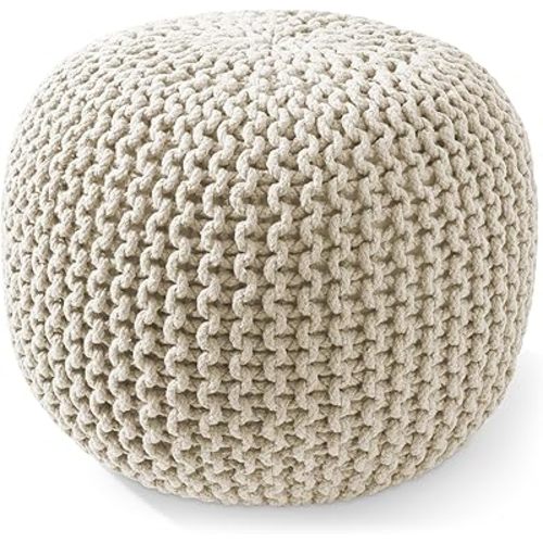Casafield Round Pouf Ottoman, Natural - 20" Diameter x 14.5" High Cotton Knit Foot Stool - Boho Floor Pouffe for Living Room, Bedroom, Home Office