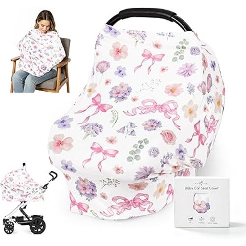 Breathable Car Seat Cover for Baby, Pea Pod Multi-Use Stroller and Nursing Cover, Add Privacy for Breastfeeding, Universal fit & Lightweight High Stretchy Infant Carseat Cover Shower Gifts, Pink Bows