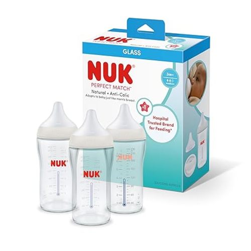 NUK Perfect Match Glass Natural + Anti-Colic Bottle, 8 oz. Glass Baby Bottles with SafeTemp Temperature Indicator, Newborn Essentials, 3-Pack