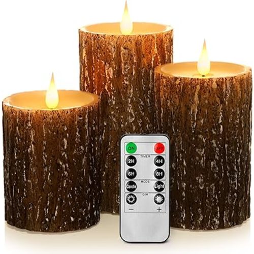 Flameless Candles Battery Operated Pillar Pine Effect Real Wax Flickering 3D Wick Electric LED Decorative Candle Sets with Remote Control Cycling 24 Hours Timer, 4" 5" 6" Pack of 3