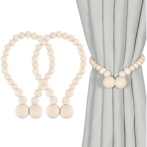 KLOGTSIND Magnetic Curtain Tiebacks, Curtain Holdbacks for Curtains 2 Pack, Wood Bead Curtain Holders for Boho Bedroom Decor, Baby Nursery Decor, Farmhouse Decor