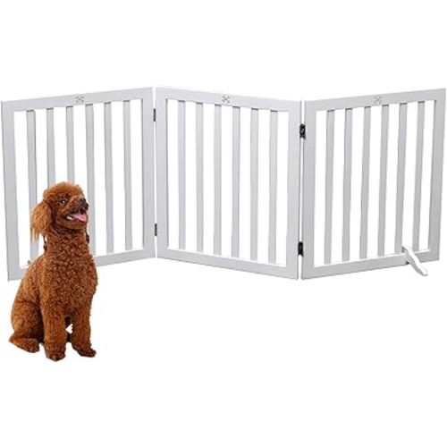 Dog Gate Wooden Freestanding Pet Gate Indoor Dog Fences,Pet Gate for Dogs,House Gate for Doorways & Stairs,3 Panel 23.6' Height-White
