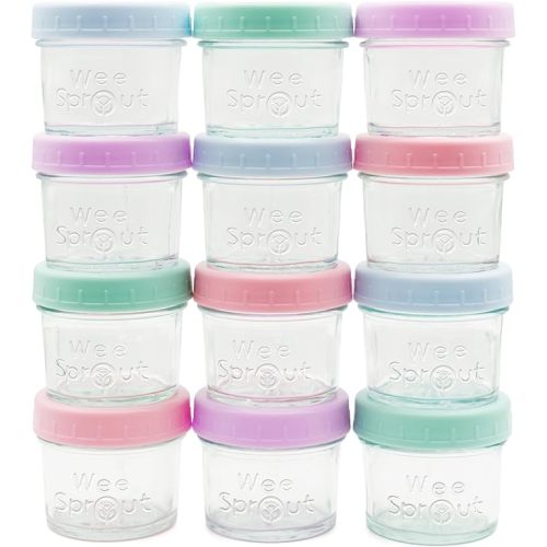 WeeSprout Baby Food Storage Glass Jars w/Lids (4 oz, 12 Pack) Pastel Variety, Snack, Reusable Small Containers, Fridge or Freezer, Microwave & Dishwasher Safe, Essentials for Infants