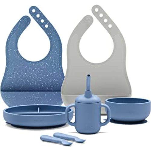 Lalo First Bites Silicone Baby Feeding Set - Baby Led Weaning Supplies - Non-Toxic Silicone - Includes 2 Bibs, 2 Spoons, Training Cup, Suction Plate and Bowl - 6 Pieces - Blueberry