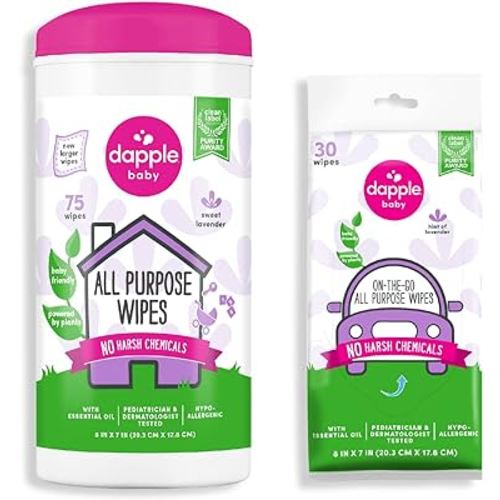 Dapple All Purpose Wipes Baby, Hint of Lavender, 75 Count Canister + 30 Count Pouch