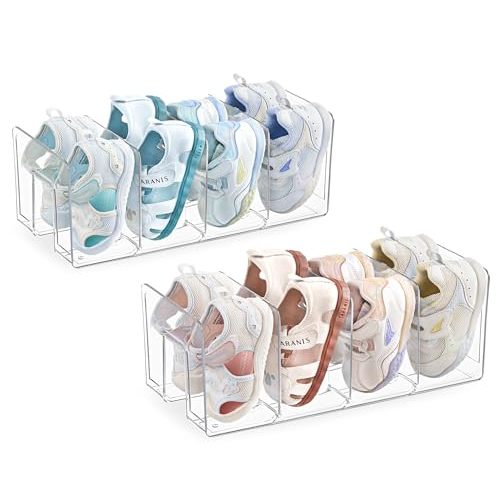 HBlife Clear Acrylic Kids Shoe Rack for Closet Organizers and Storage, Small Shoe Rack 4 Sections Toddler Baby Shoe Storage Organizer Stackable Shoe Shelf,Desk File Sorter Book Purse Organizer(2 Pack)