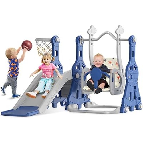 BIERUM 4 in 1 Toddler Slide and Swing Set, Baby Slide for Toddlers Age 1-2, with Basketball Hoop, Indoor Outdoor Toddler Playset Blue